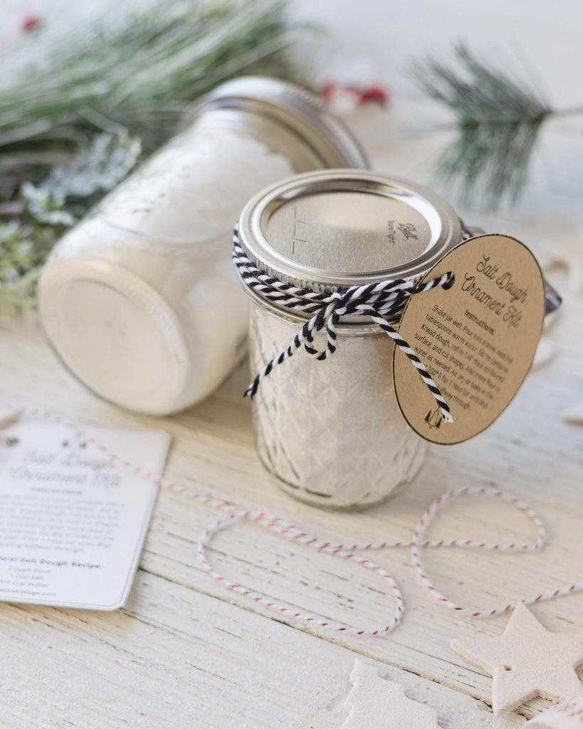 Jars of salt dough mix with gift tags.