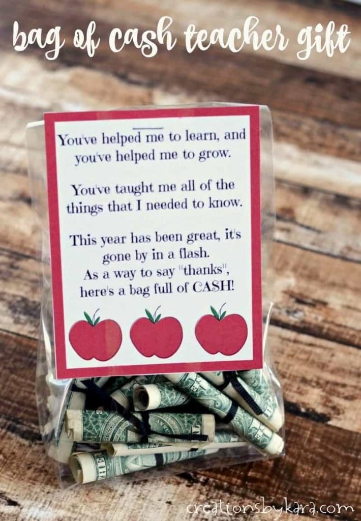 A bag of cash with a teacher's poem on it.