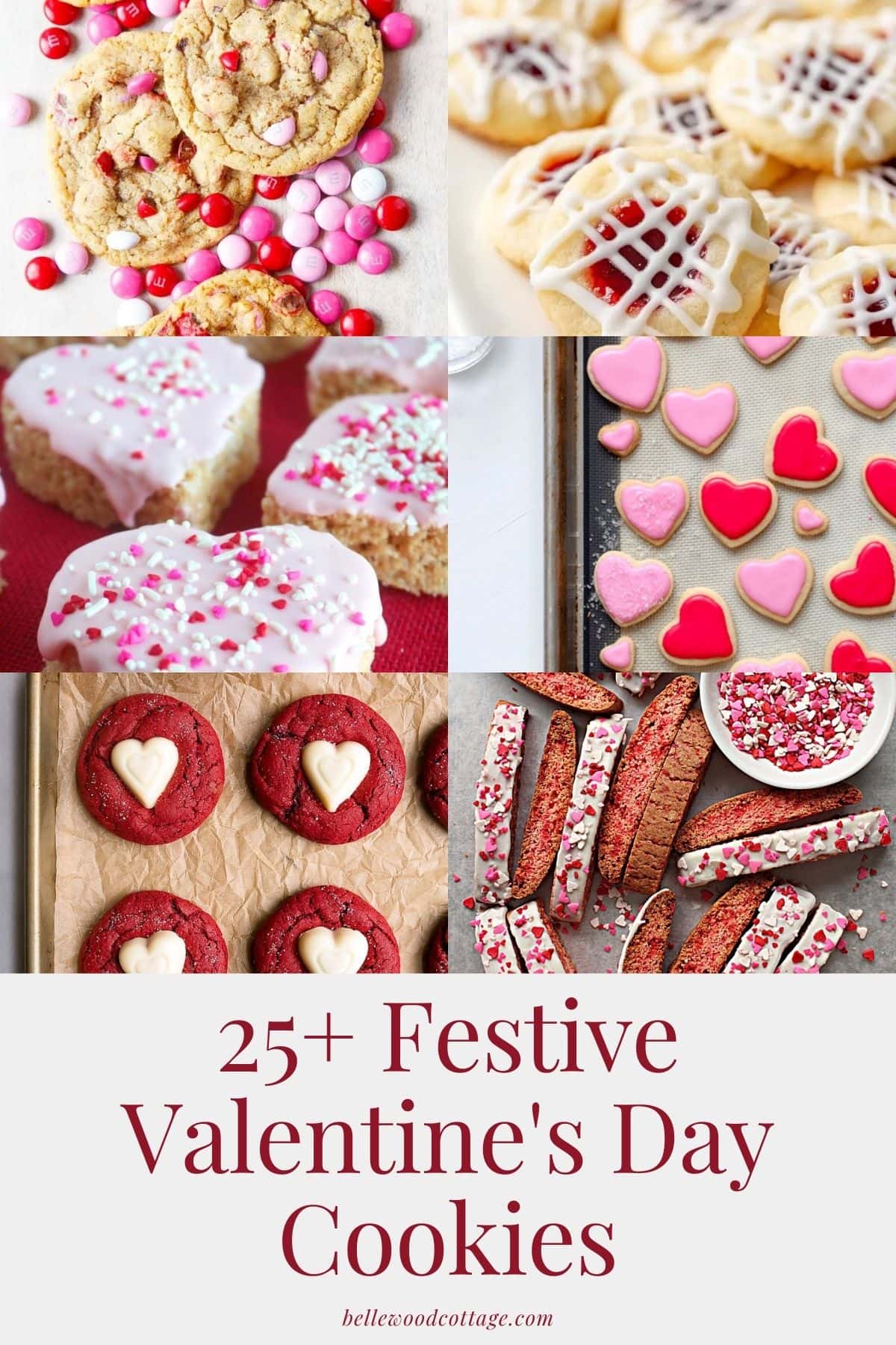 A collage of red and pink cookies with the words, "25+ Festive Valentine's Day Cookies".