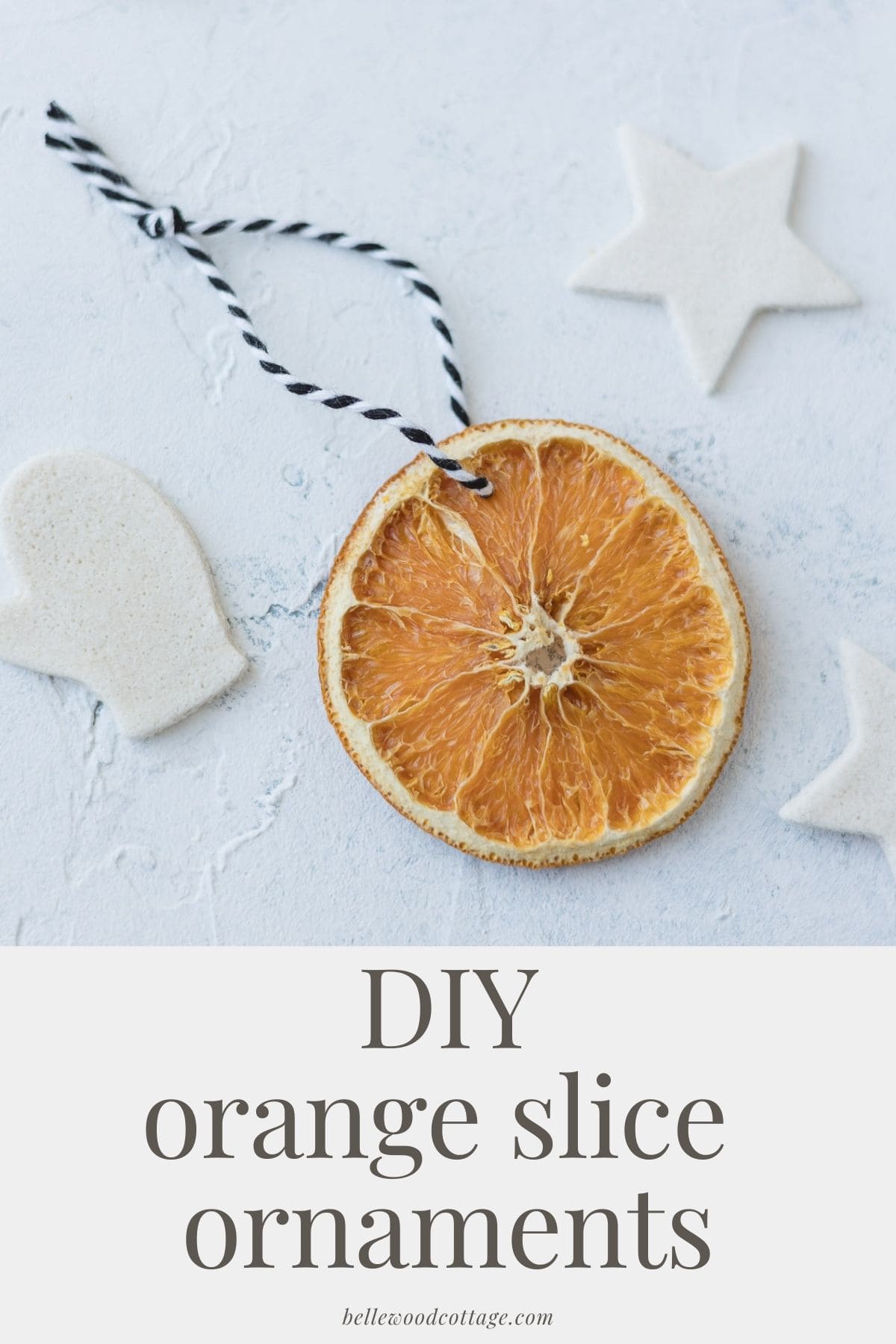 A dried orange slice ready to hang on the tree, with the words, "DIY Orange Slice Ornaments".