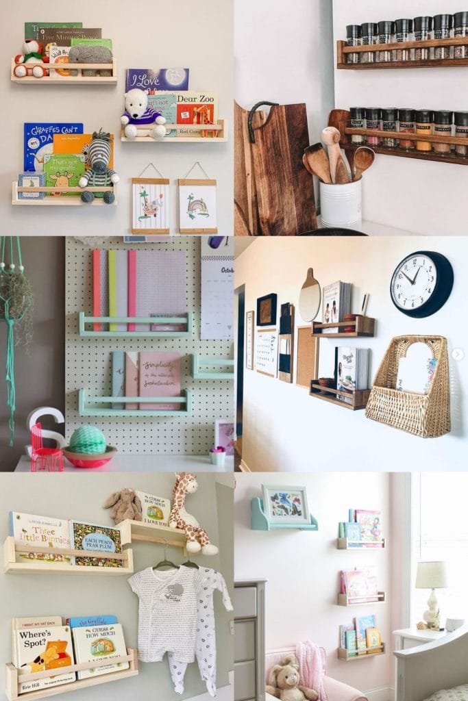 A collage of different ways to use IKEA spice racks.