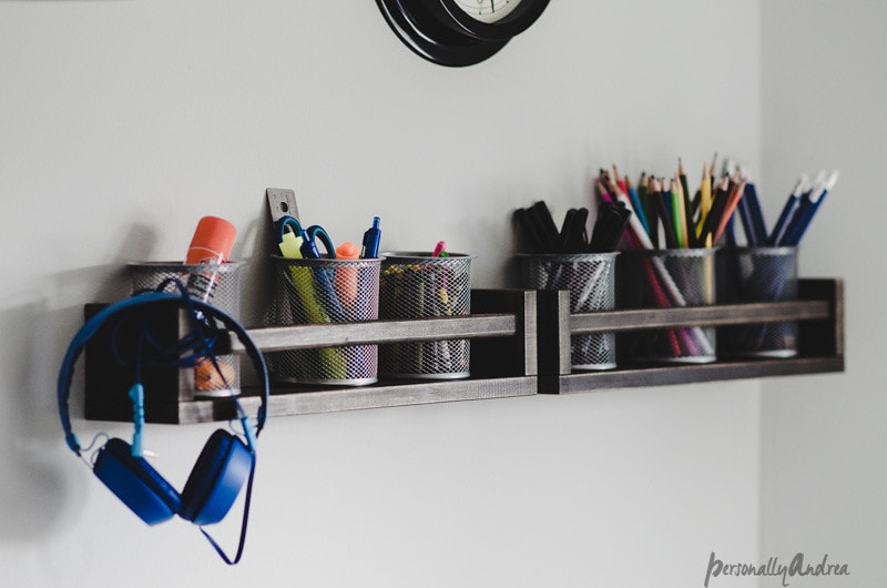 Office supply organization with spice racks from IKEA.