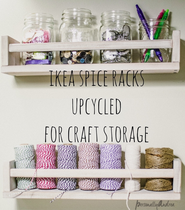 Two IKEA spice racks storing various craft supplies with the words, "IKEA Spice Racks Upcycled for Craft Storage".