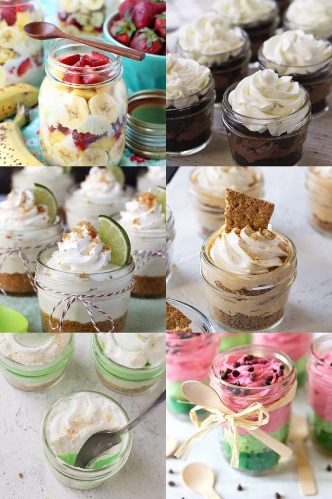A collage of colorful mason jar desserts.
