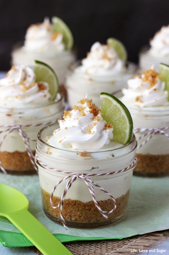 Mini key lime cheesecakes in mason jars.