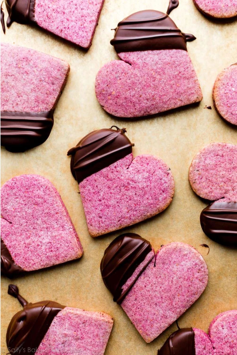 Raspberry sugar cookies dipped in chocolate.