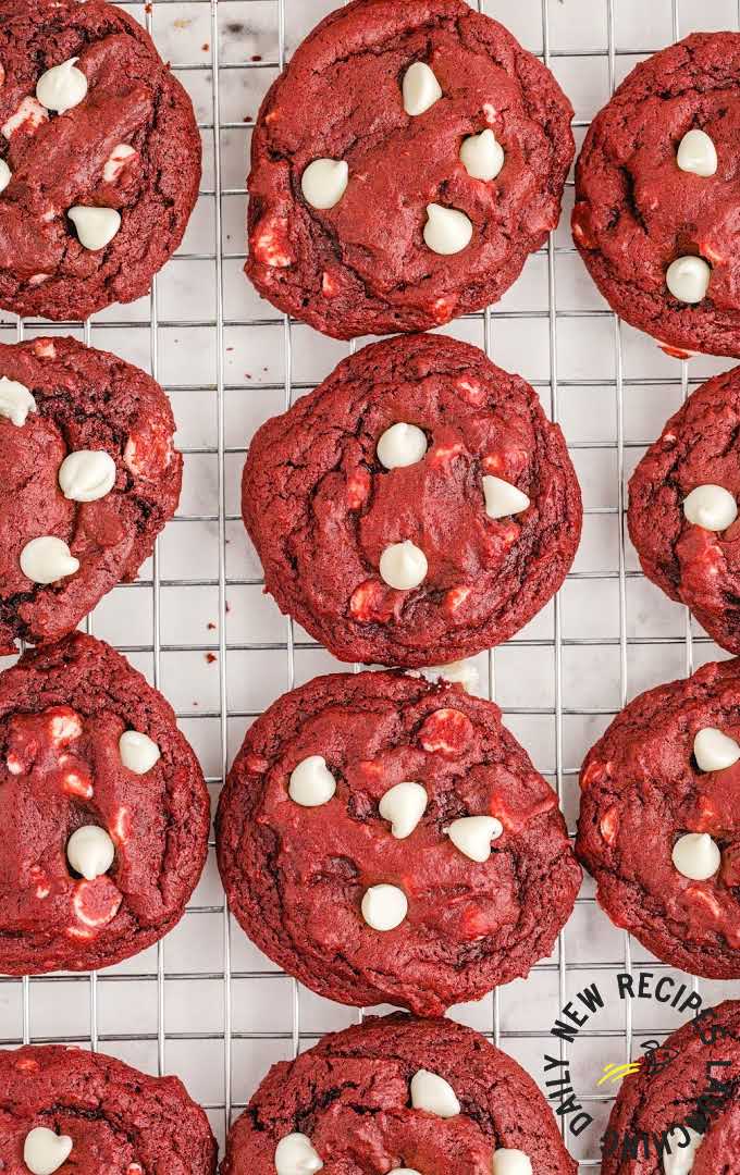 Red Velvet Cookies with white chocolate chips on a cooling rack.