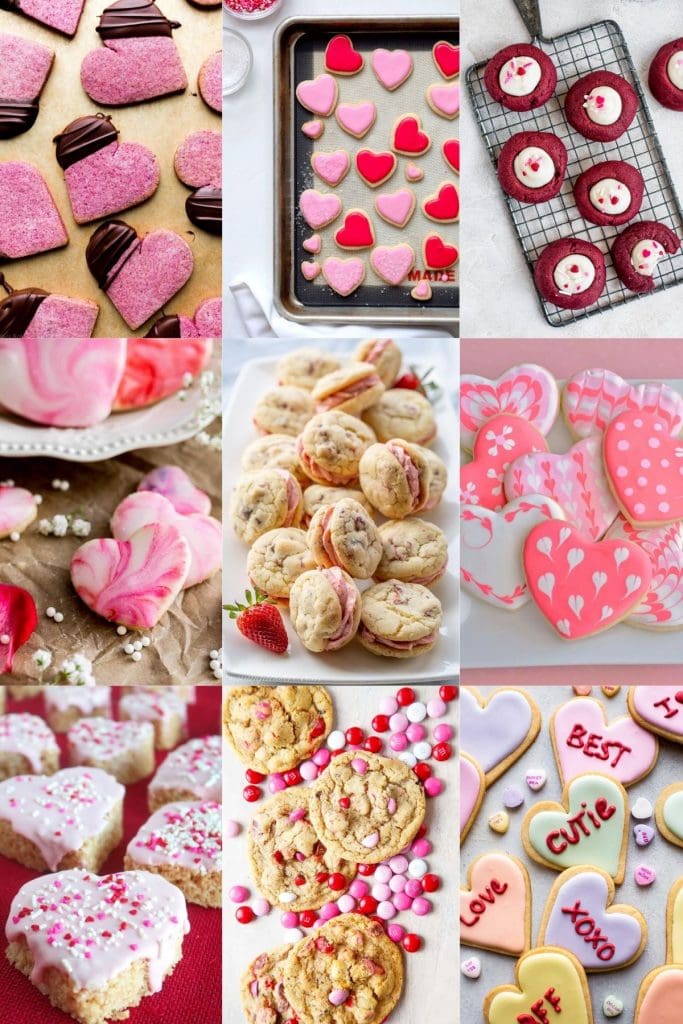 A collage of pink and red Valentine's Day cookies.