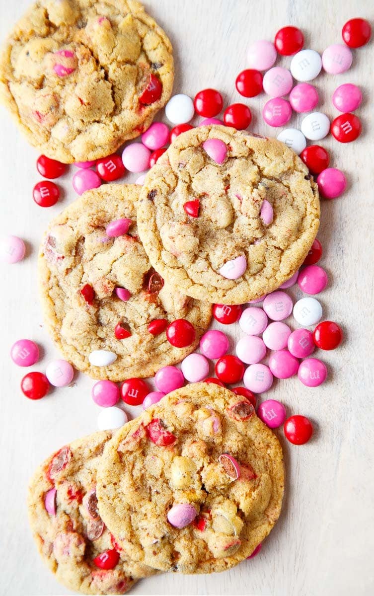 Cookies with pink and red Valentine's M&Ms.