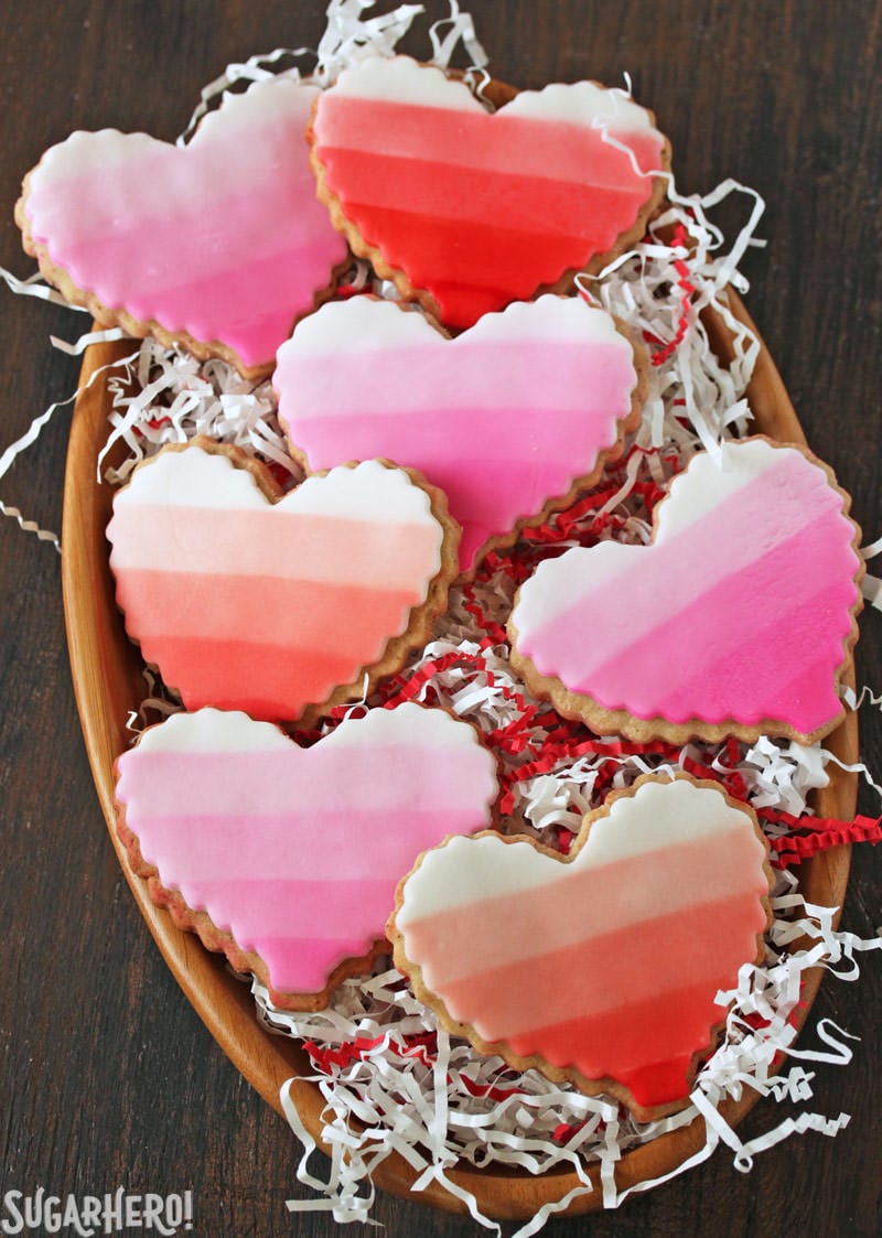 Heart Cookies frosted with ombre pink and red frosting.