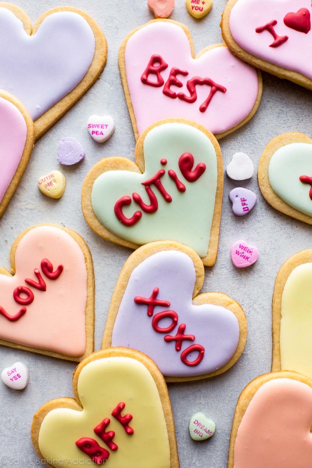 Colorful Valentine's Day Heart Cookies with text messaged piped onto them.