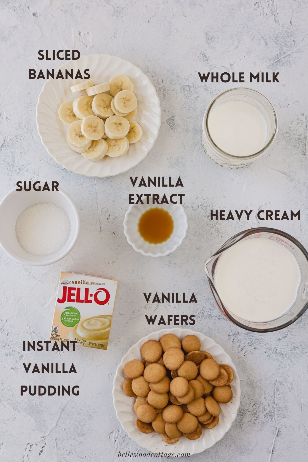Labeled ingredients: sliced bananas, whole milk, sugar, vanilla extract, heavy cream, instant vanilla pudding, vanilla wafers.