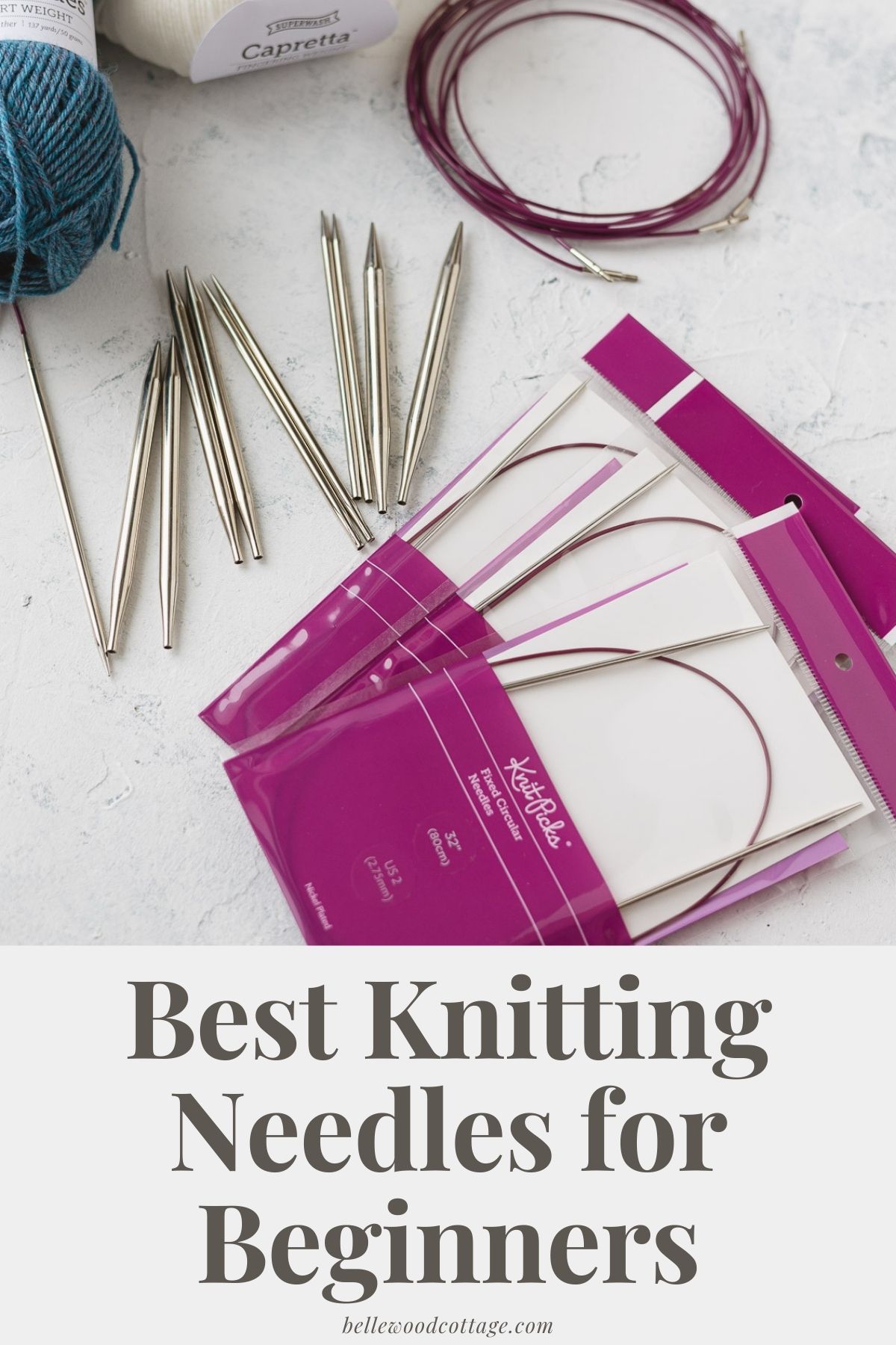 An interchangeable knitting needle set and fixed circular needle packages with the words, "Best Knitting Needles for Beginners"