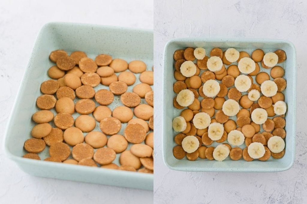 Layering vanilla wafers and banana slices into and 8x8 pan.