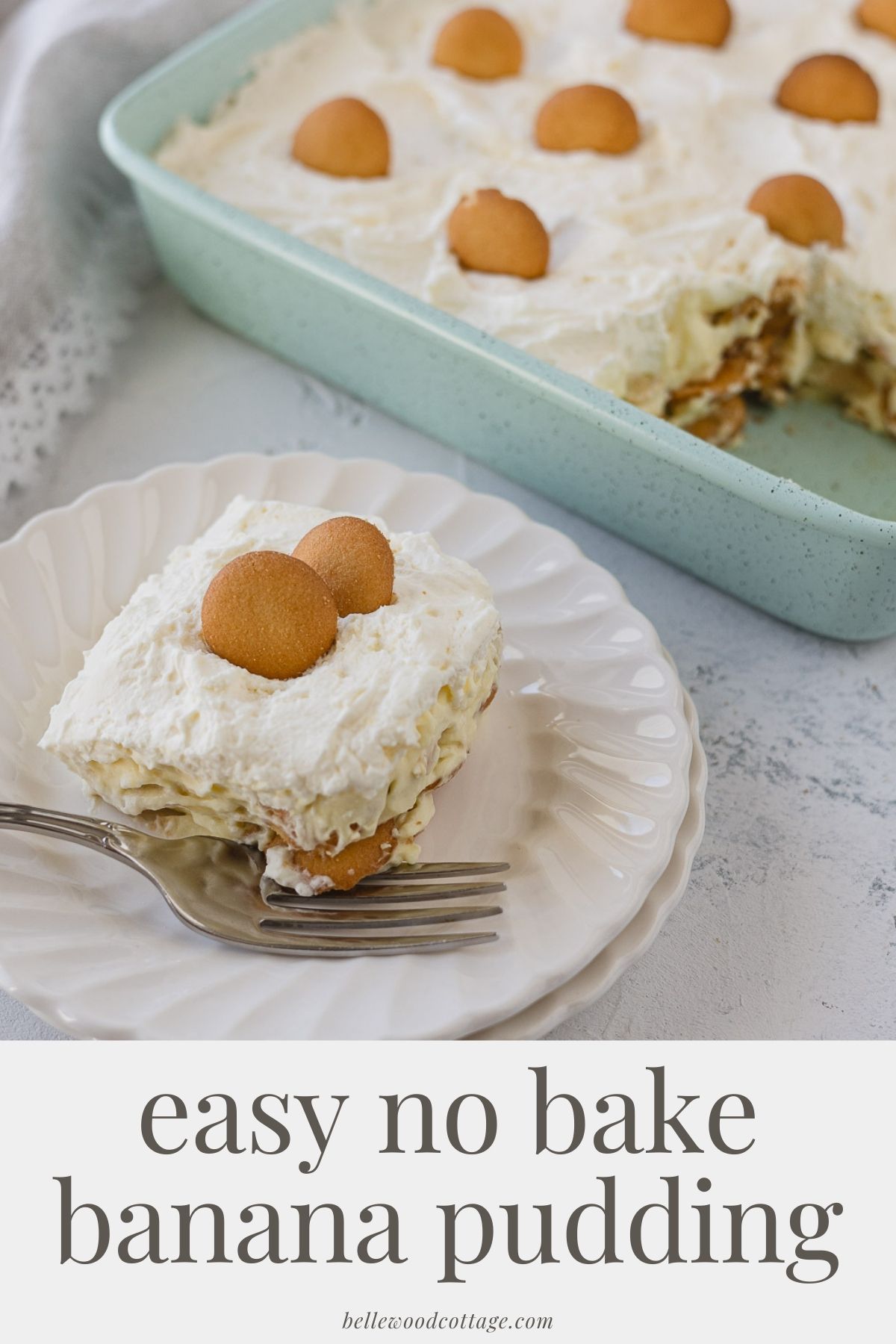 A slice of no bake banana pudding with the words, "easy no bake banana pudding".