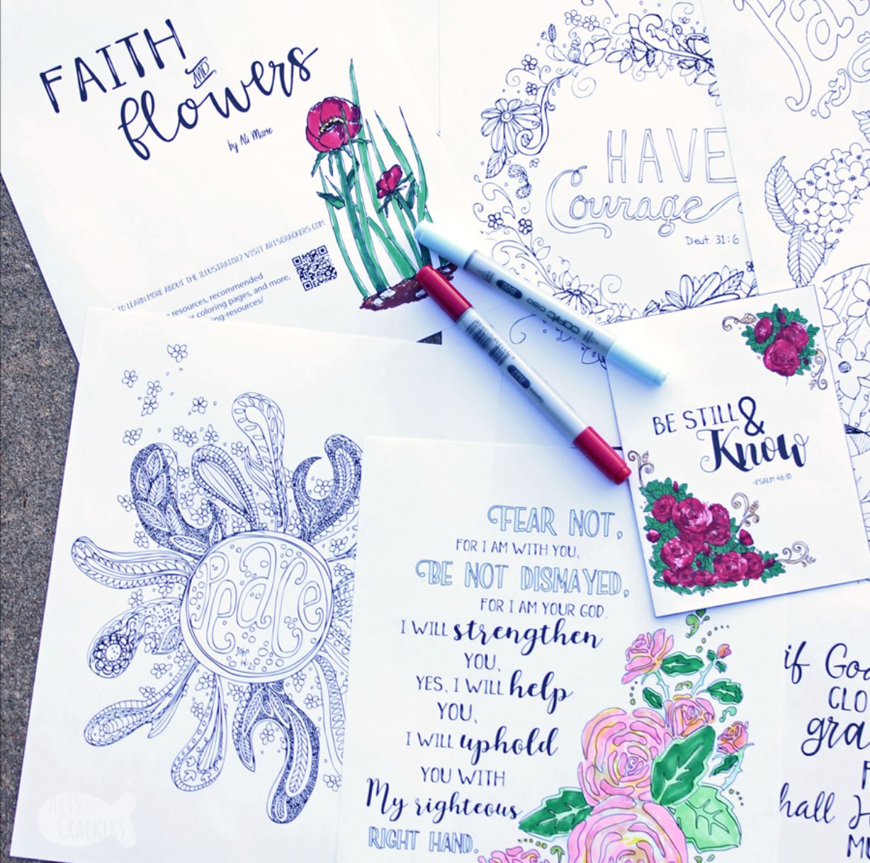 A spread of printable Scripture coloring sheets.