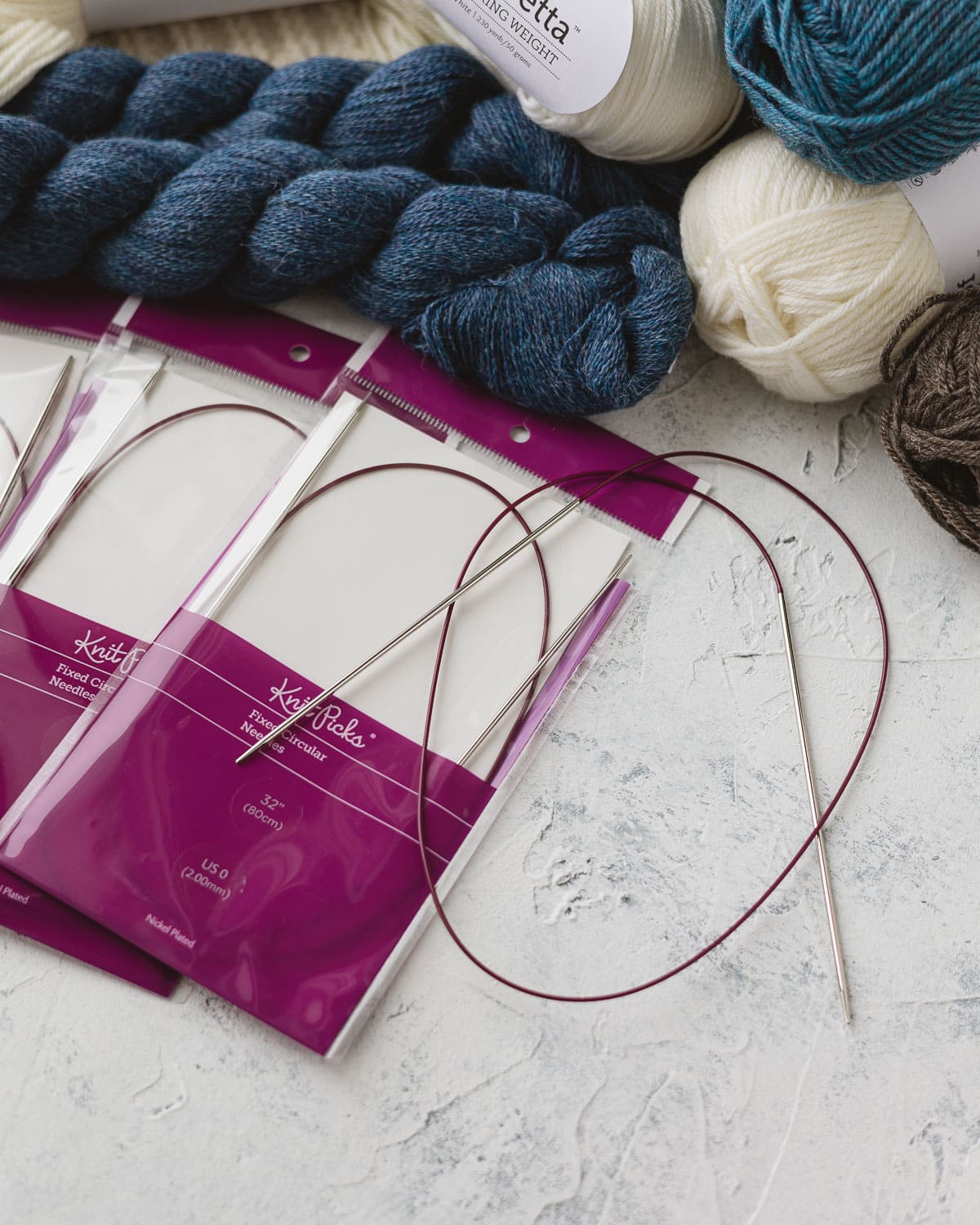 Fixed circular knitting needles in various sizes from Knit Picks and yarn.