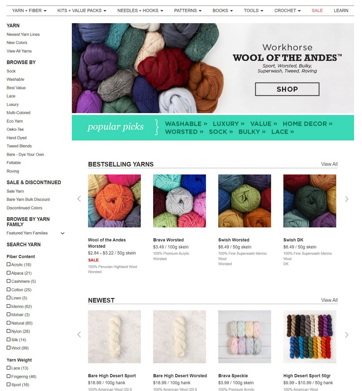 A screenshot of KnitPicks.com homepage with various yarn for sale.