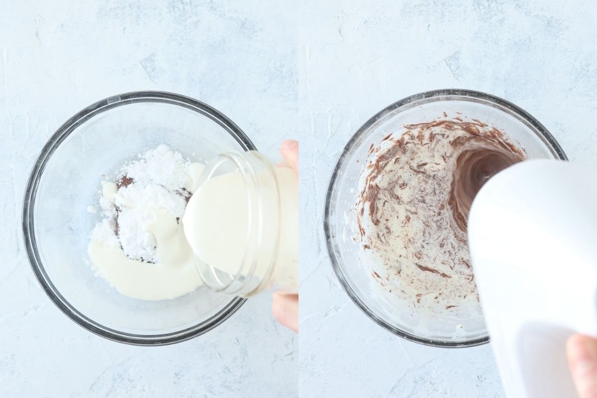 Pouring heavy cream into a bowl with Nutella and powdered sugar and mixing with a hand mixer.