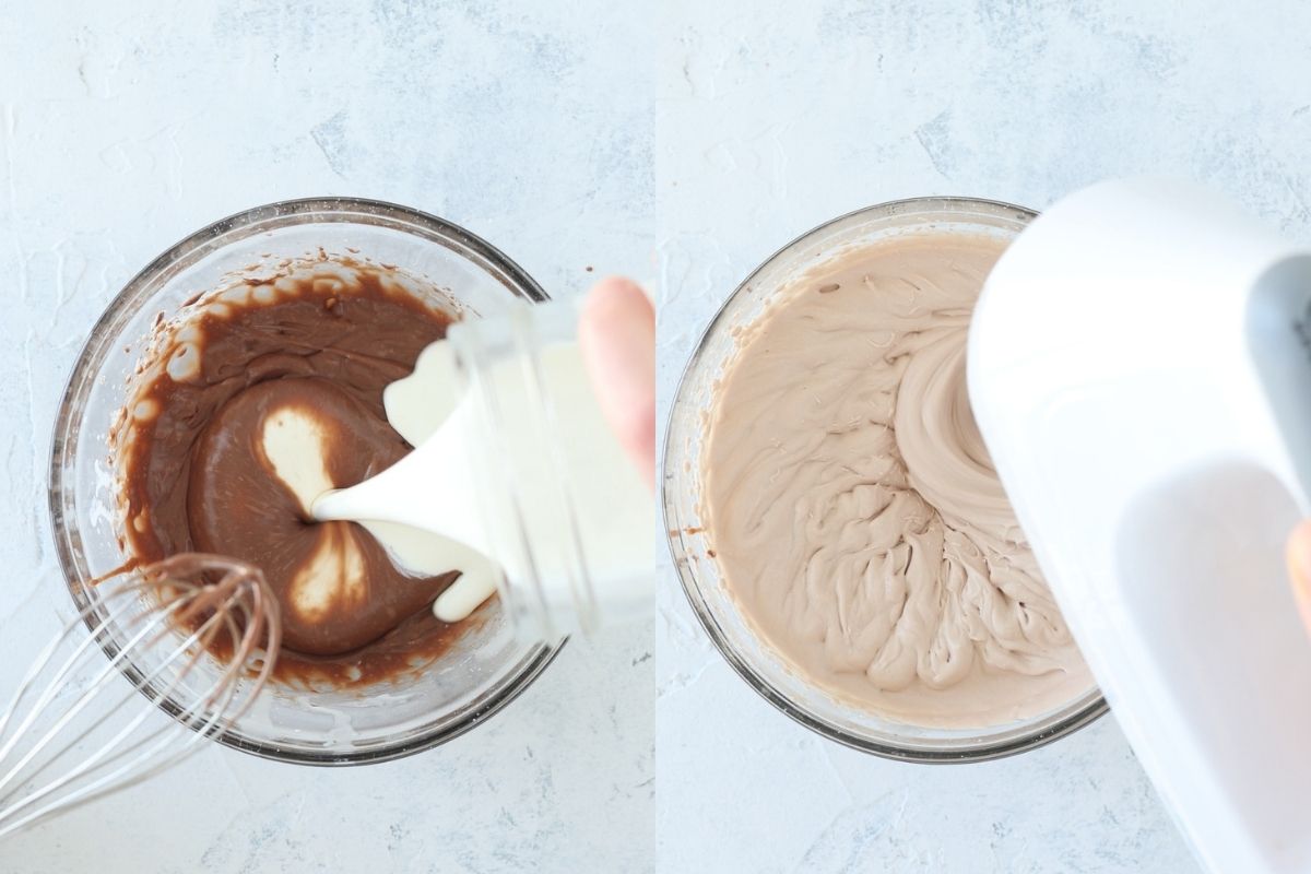 Pouring heavy cream into a Nutella/heavy cream mixture and the resulting whipped cream.