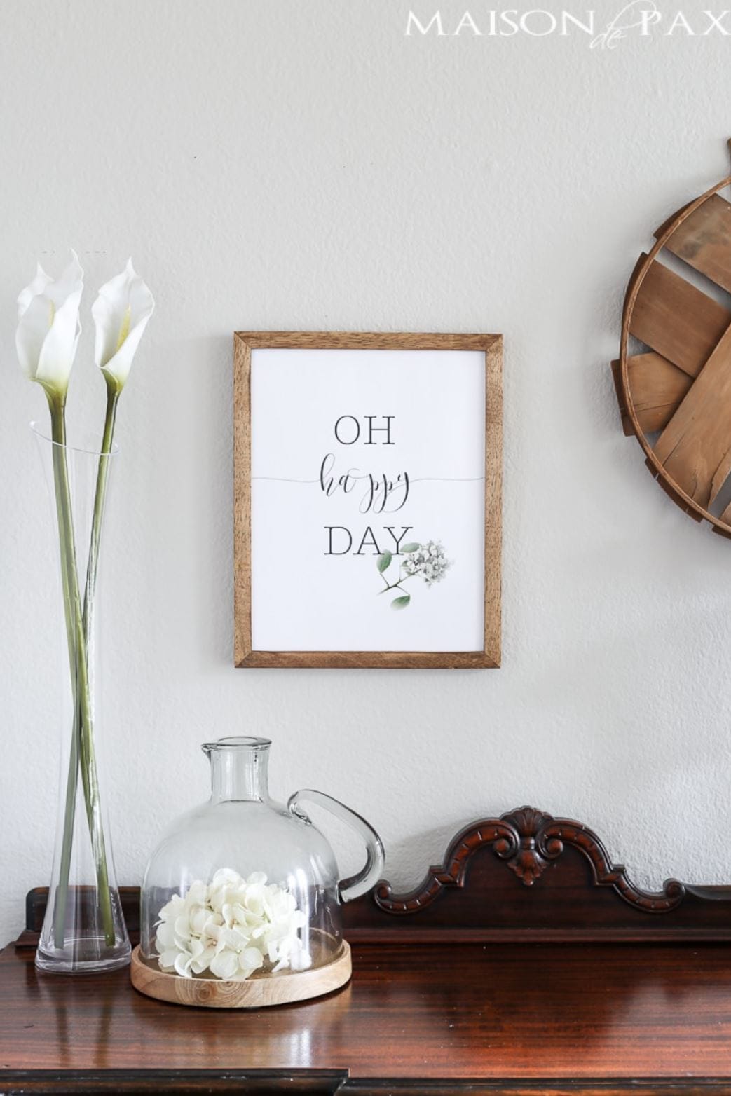 A framed printable with the words, "Oh Happy Day".