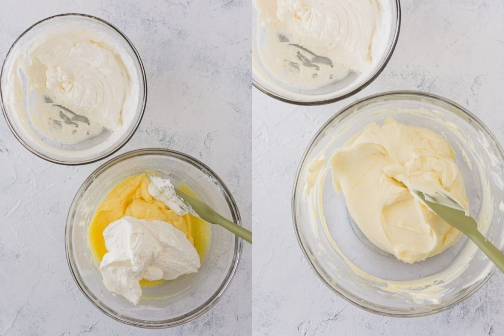 Folding whipped cream into vanilla pudding.