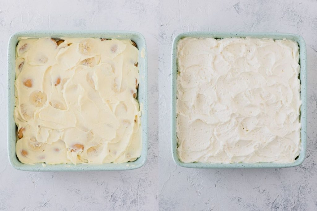 Spreading vanilla pudding and whipped cream into an 8x8 pan.