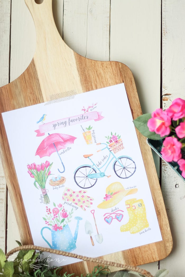 A spring printable with colorful illustrations of rubber shoes, watering can, shovels, flowers and more.