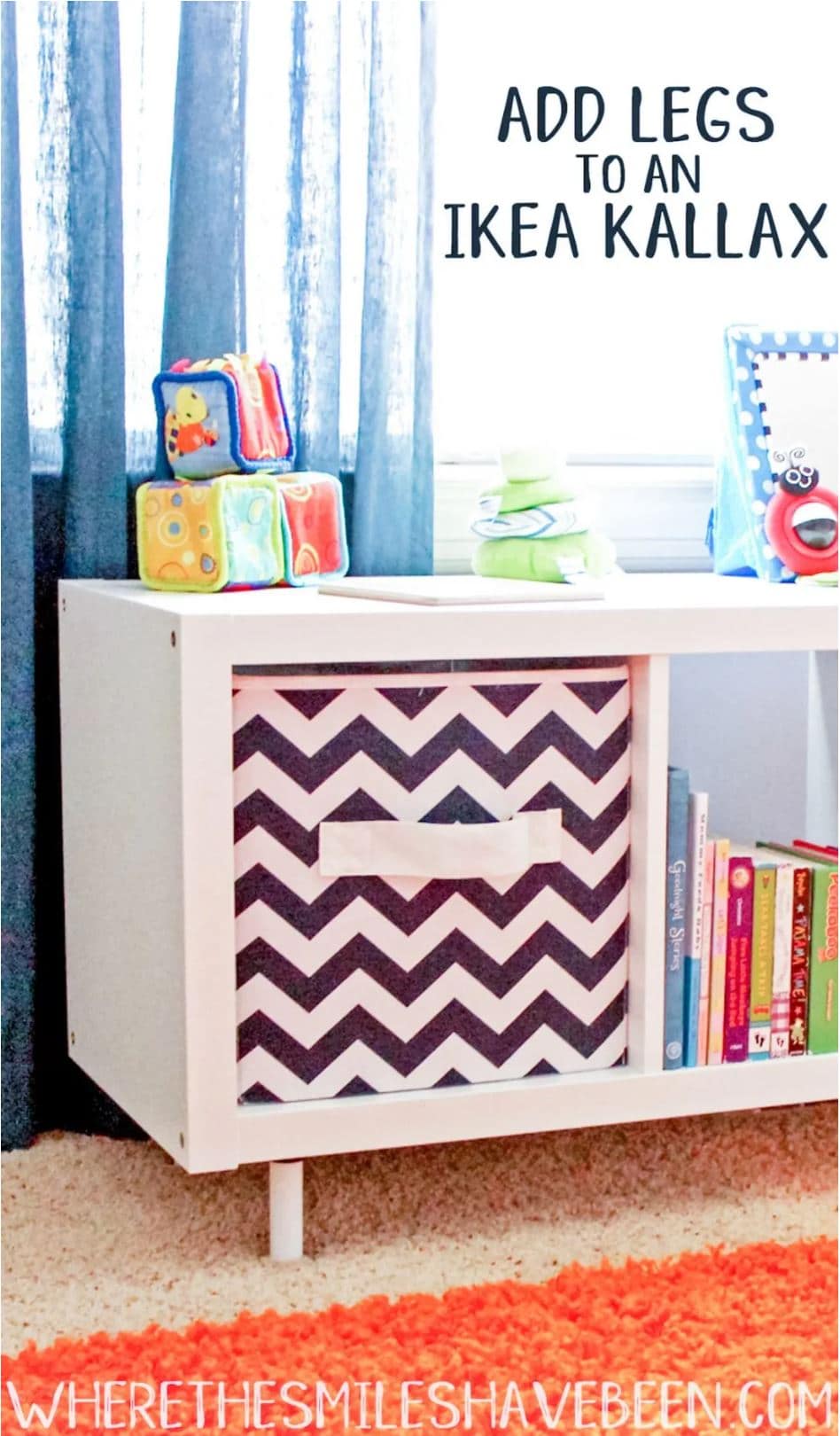 Playroom storage with an IKEA Kallax shelf with legs added and a storage basket.