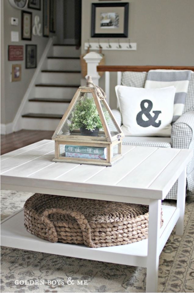 A white HEMNES coffee table with tongue-and-groove planking on top.