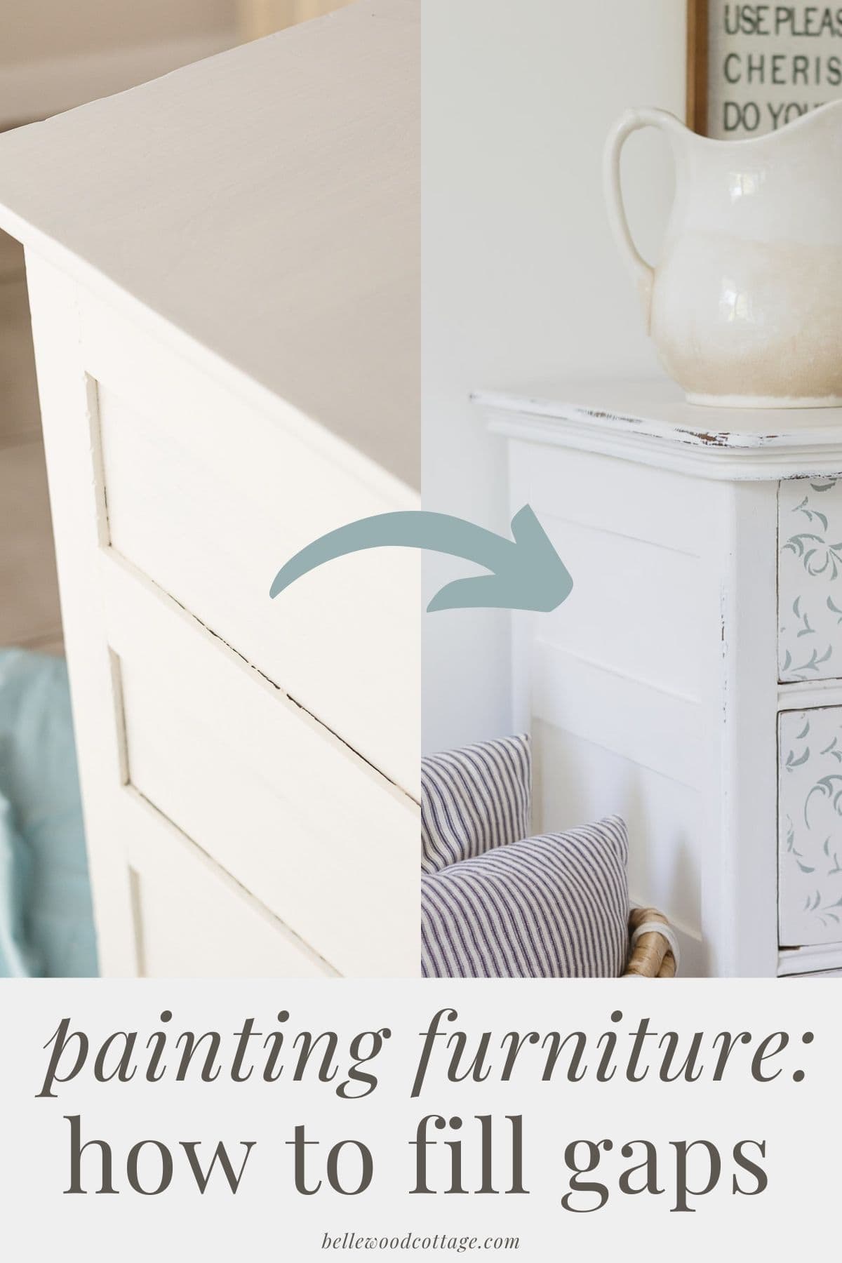 An arrow demonstrating the before and after when filling gaps in a dresser with caulk (with the words, "painting furniture: how to fill gaps").