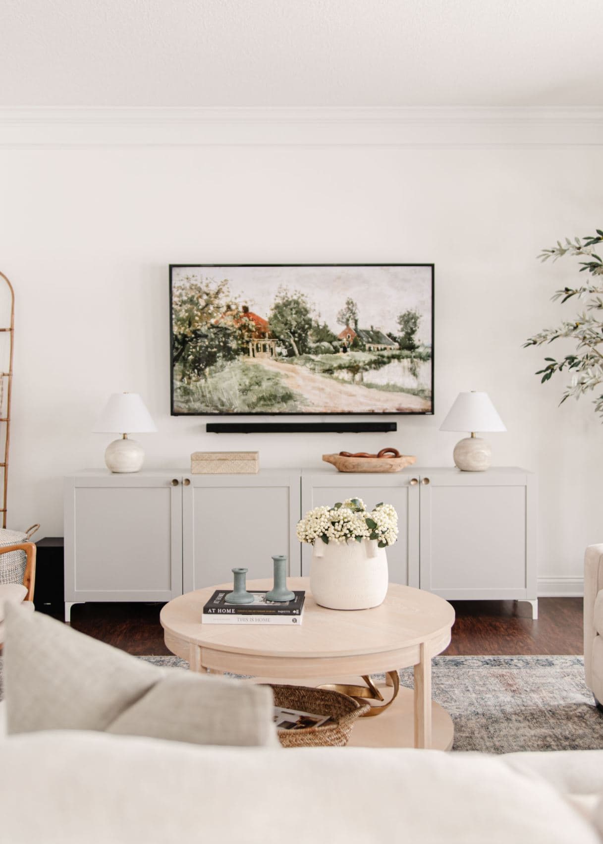 IKEA Besta hack painted a warm neutral greige in a formal living space.