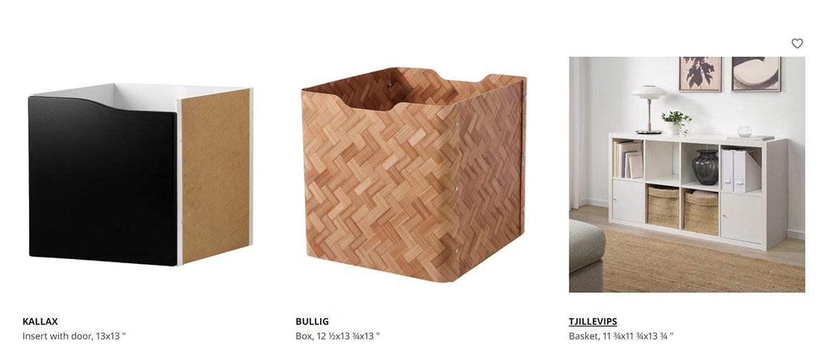 Screenshot of three basket/storage cube options to fit the IKEA Kallax.