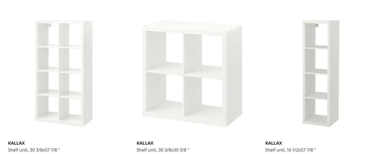 Screenshot of three IKEA Kallax Shelf Options.