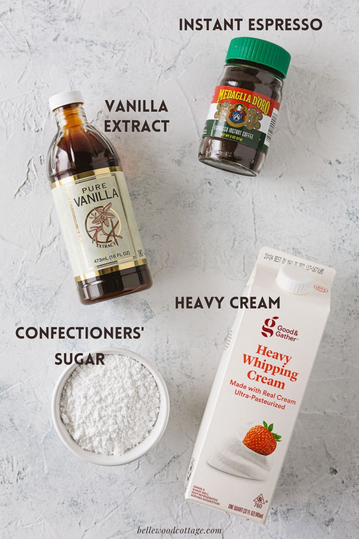 Four ingredients with text labels: instant espresso powder, vanilla extract, confectioners' sugar, and heavy whipping cream.