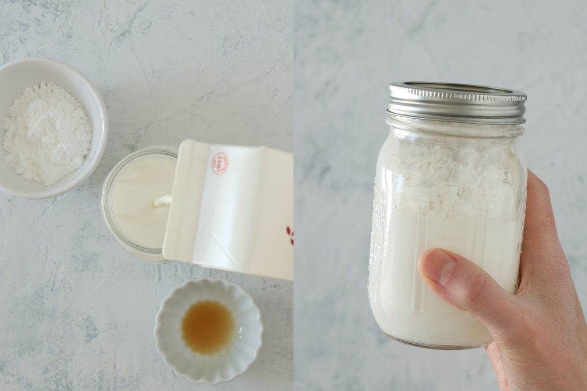 Pouring heavy cream into a mason jar and holding the sealed mason jar.
