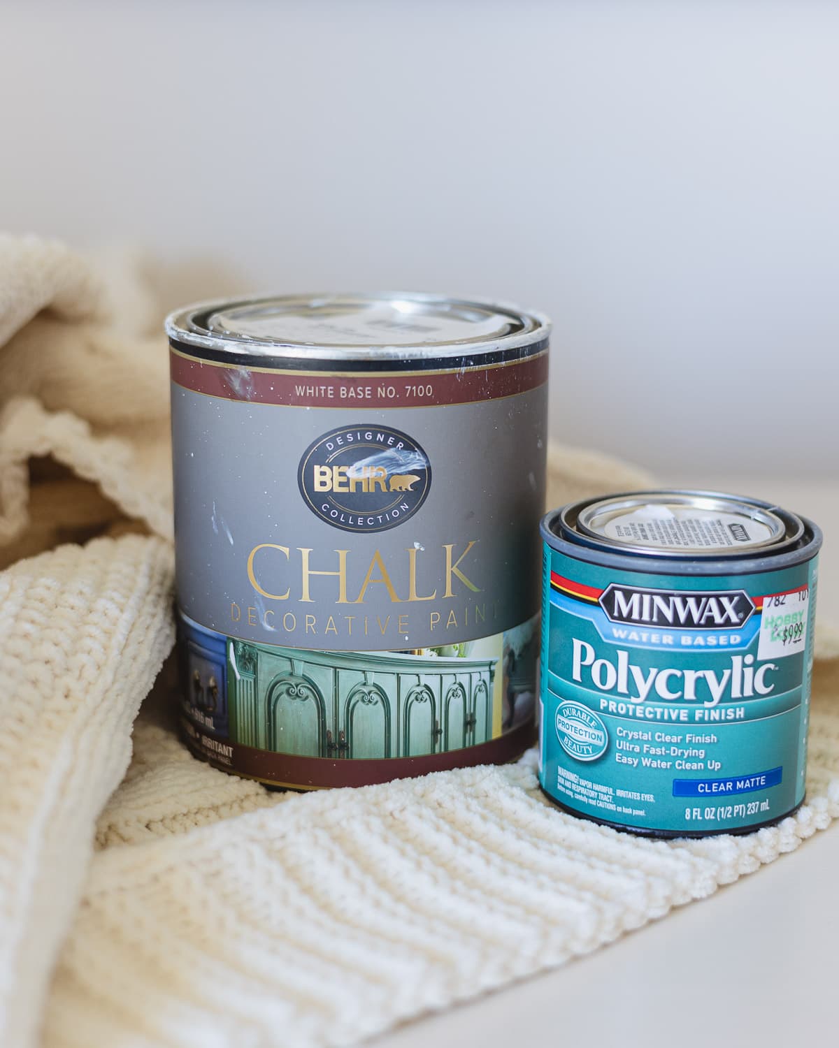 A quart of Behr Chalk Decorative Paint and a 1/2 pint of Minwax Water-based Polycrylic top coat.