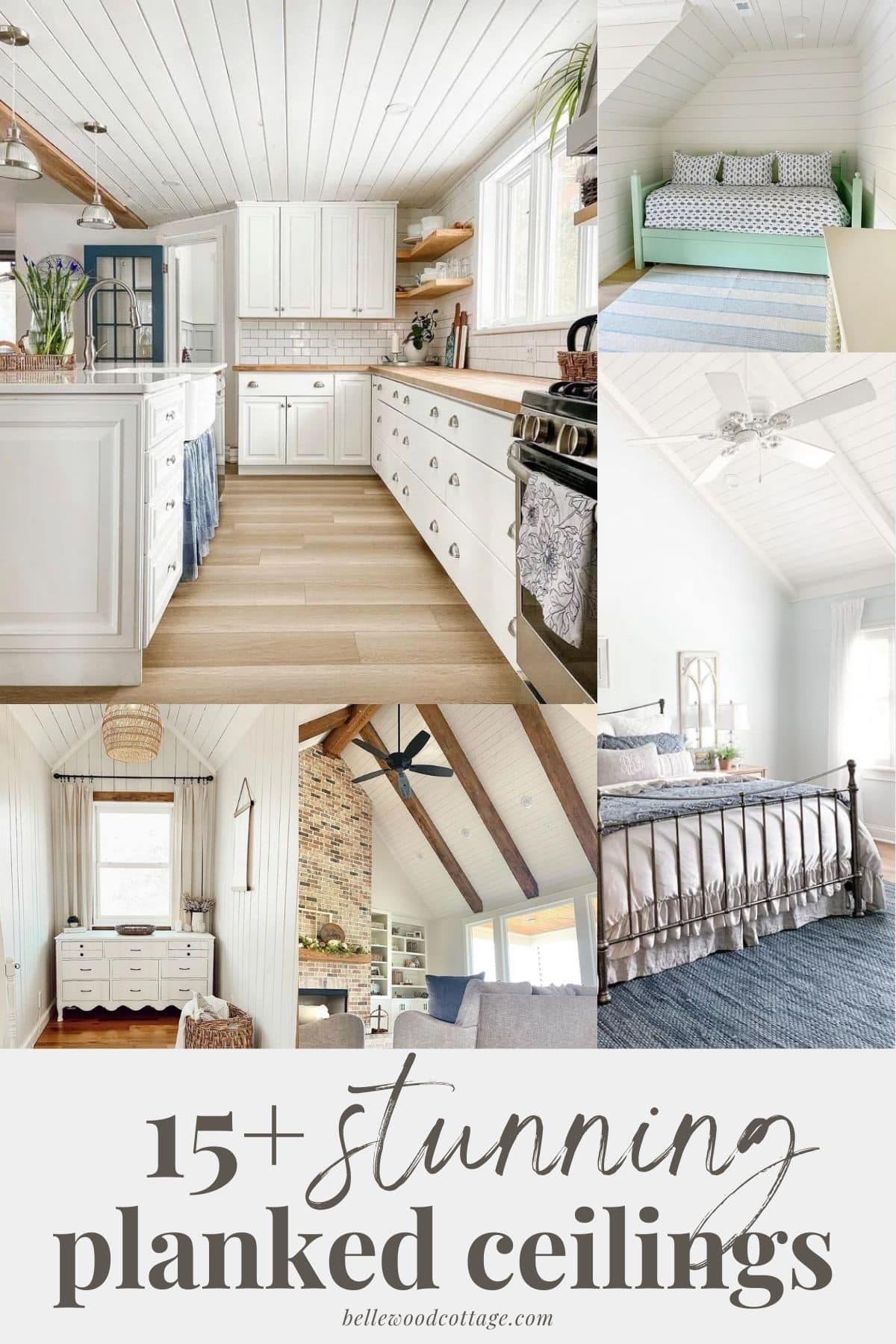 A collage of five interiors with shiplap ceilings with the words, "15+ Stunning Planked Ceilings."