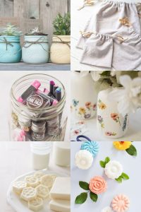 A collage of handmade gifts such as soaps, bubble bath bars, mason jar kits, and drawstring bags.