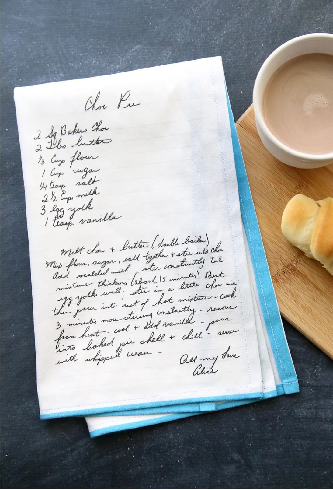 A handwritten recipe towel with an old family recipe printed on basic kitchen towel.