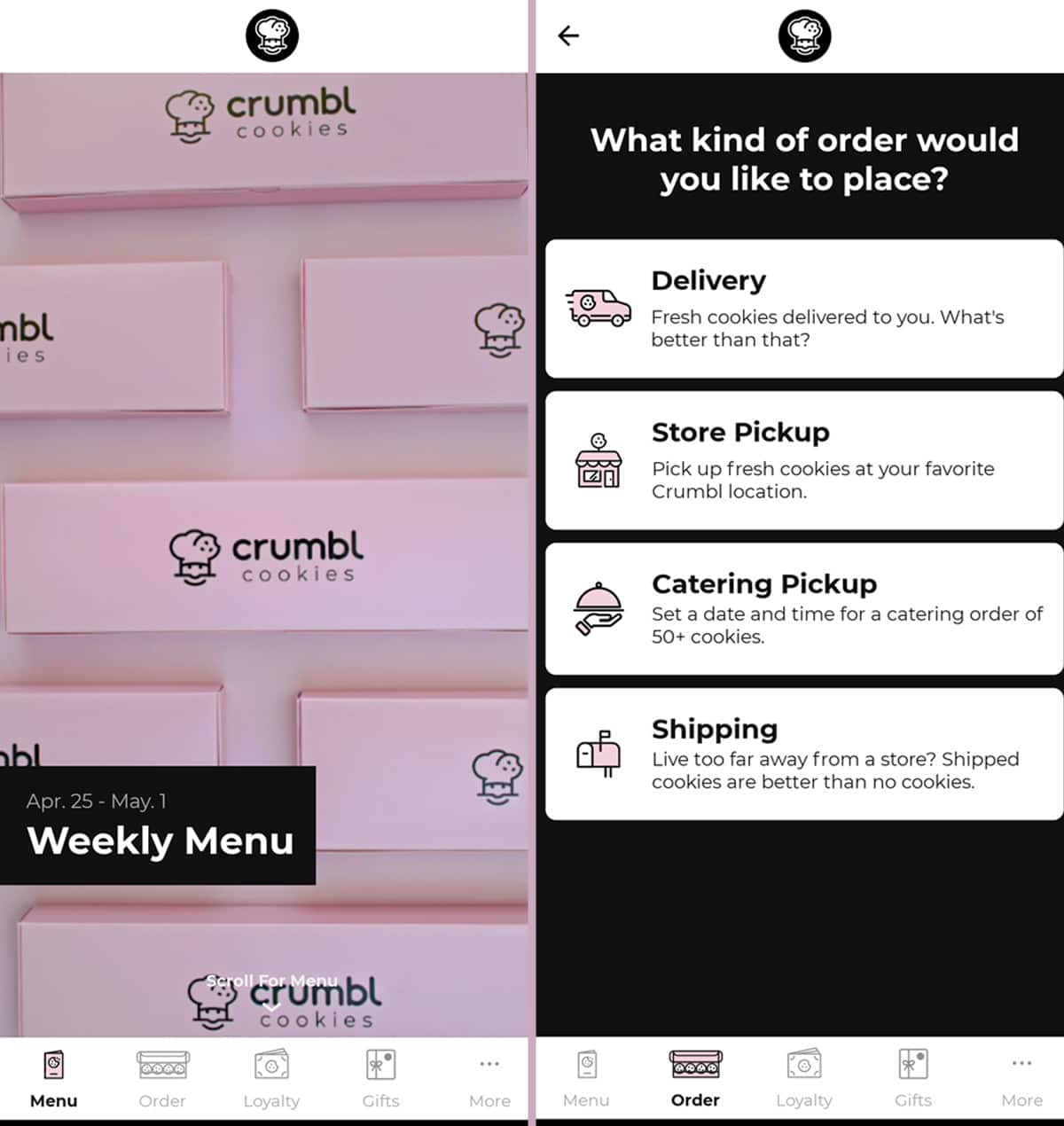 Two screenshots of the Crumbl app, the home screen and the ordering menu.