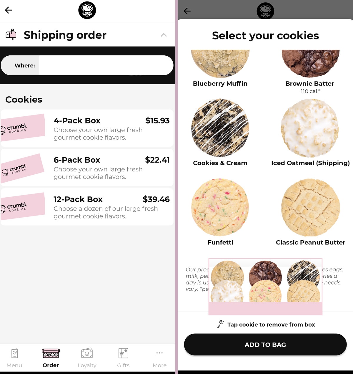 Two screenshots of Crumbl App with cookie box prices and cookie selection.