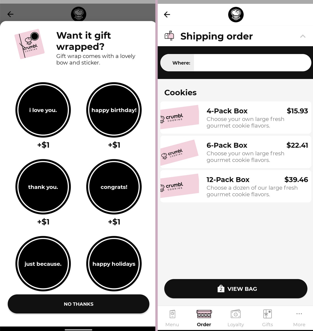 Two screenshots of Crumbl Cookies app with gift wrap options and cookie pricing.