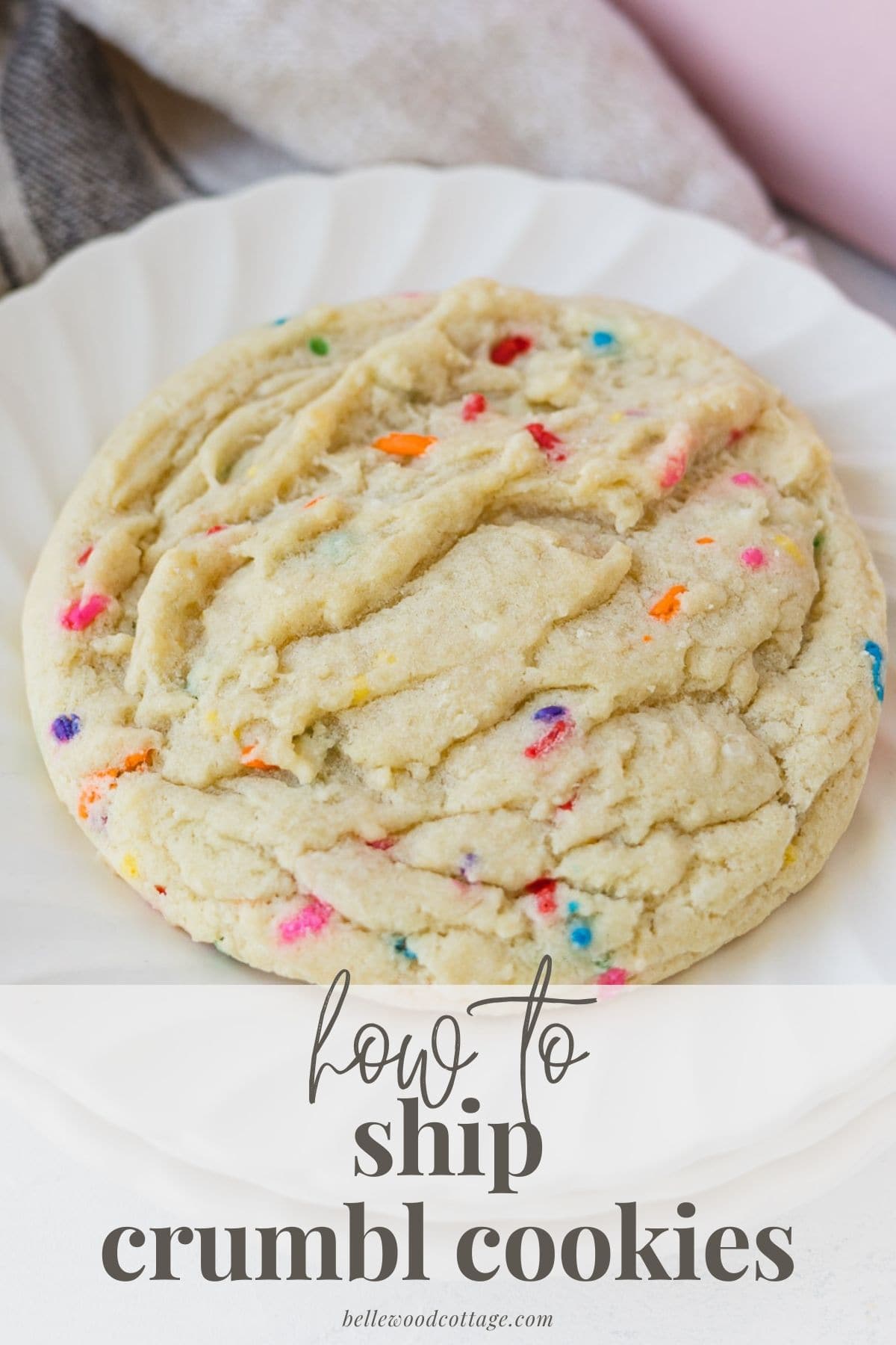 A large Funfetti sugar cookie with the words, "How to Ship Crumbl Cookies".