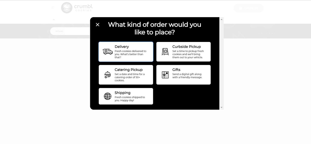 Screenshot of Crumble Cookies website ordering menu (delivery, catering, etc.).