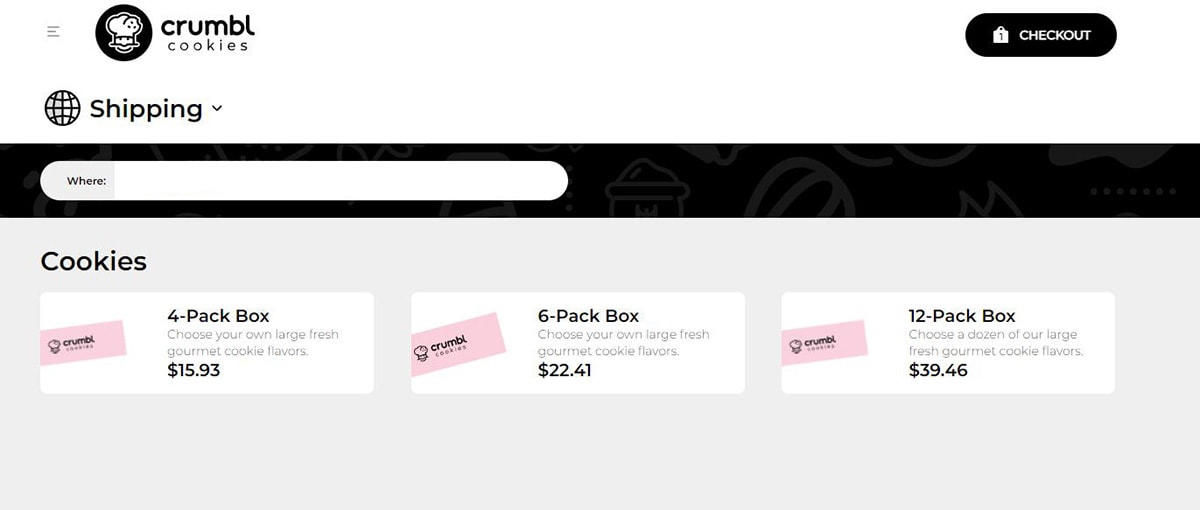 A screenshot of Crumbl Cookies website with three sizes of cookie boxes to choose from.
