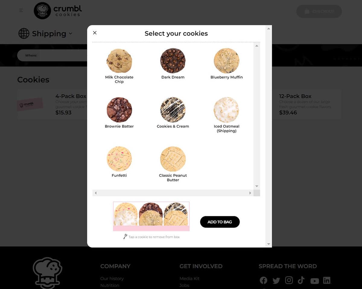 Screenshot of ordering Crumbl cookies from website and the cookie selection.