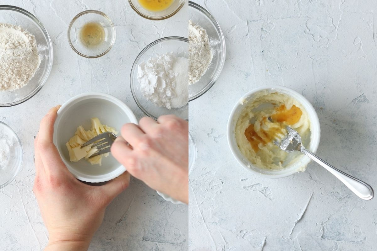 Mixing up butter and other ingredients with a fork.