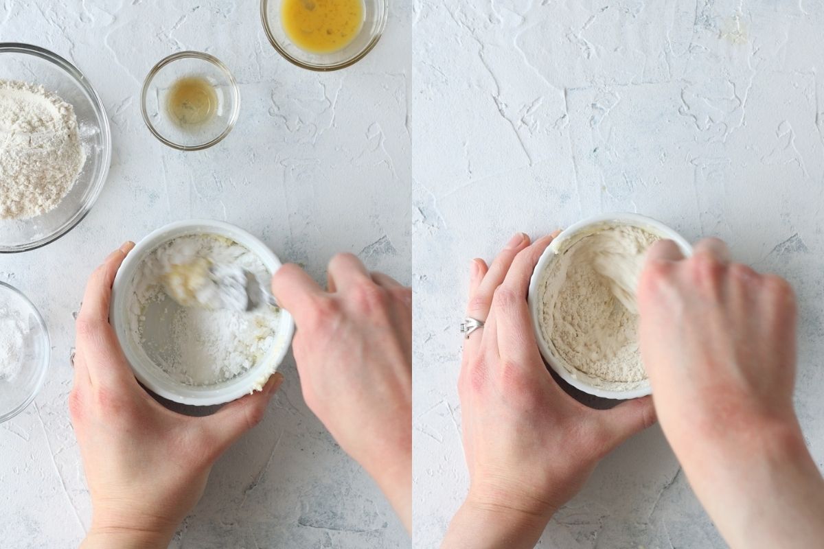 Mixing flour into butter and other ingredients for single serving sugar cookie.