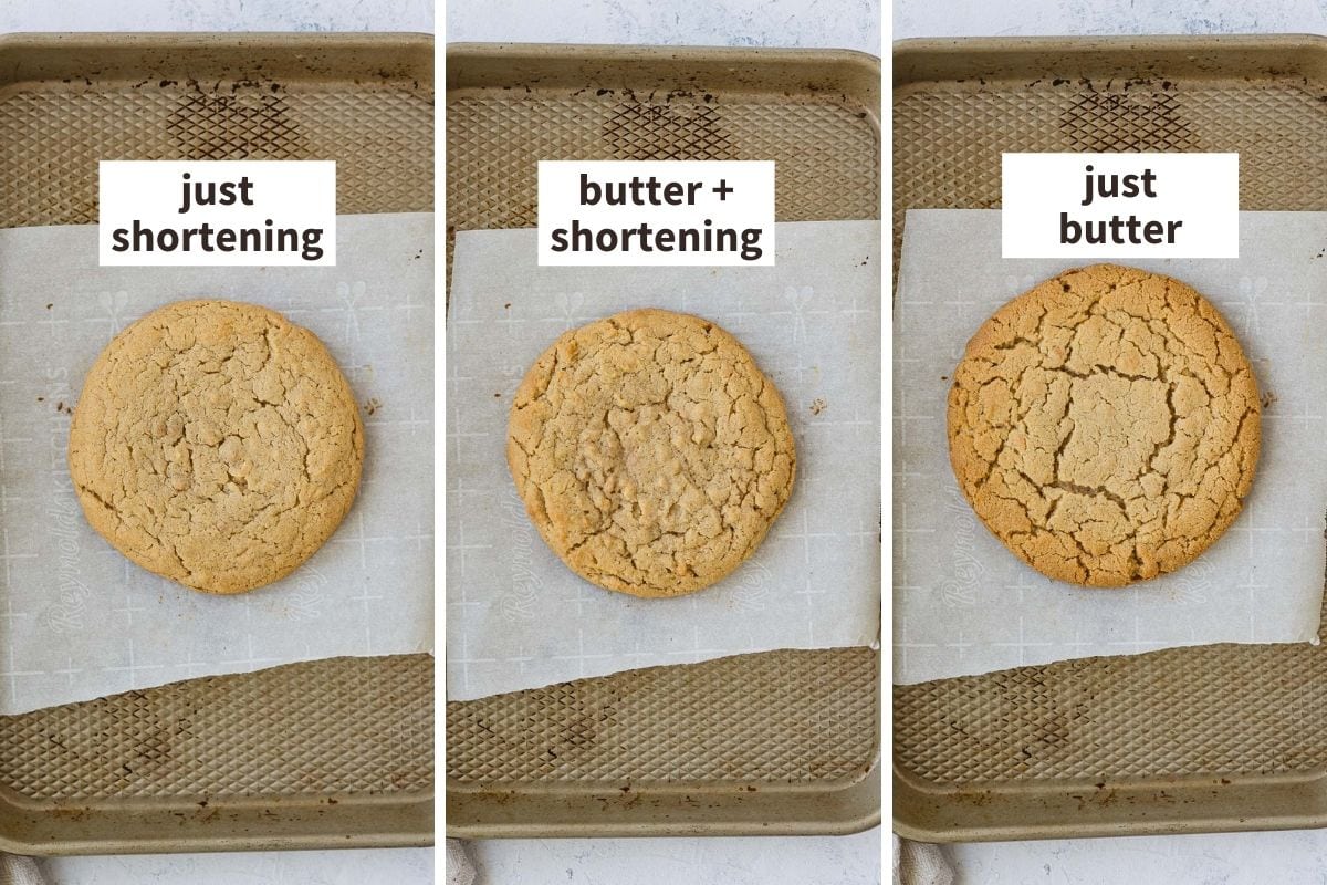 Three peanut butter cookies each on a cookie sheet with a label of how much shortening or butter was used in the cookie.